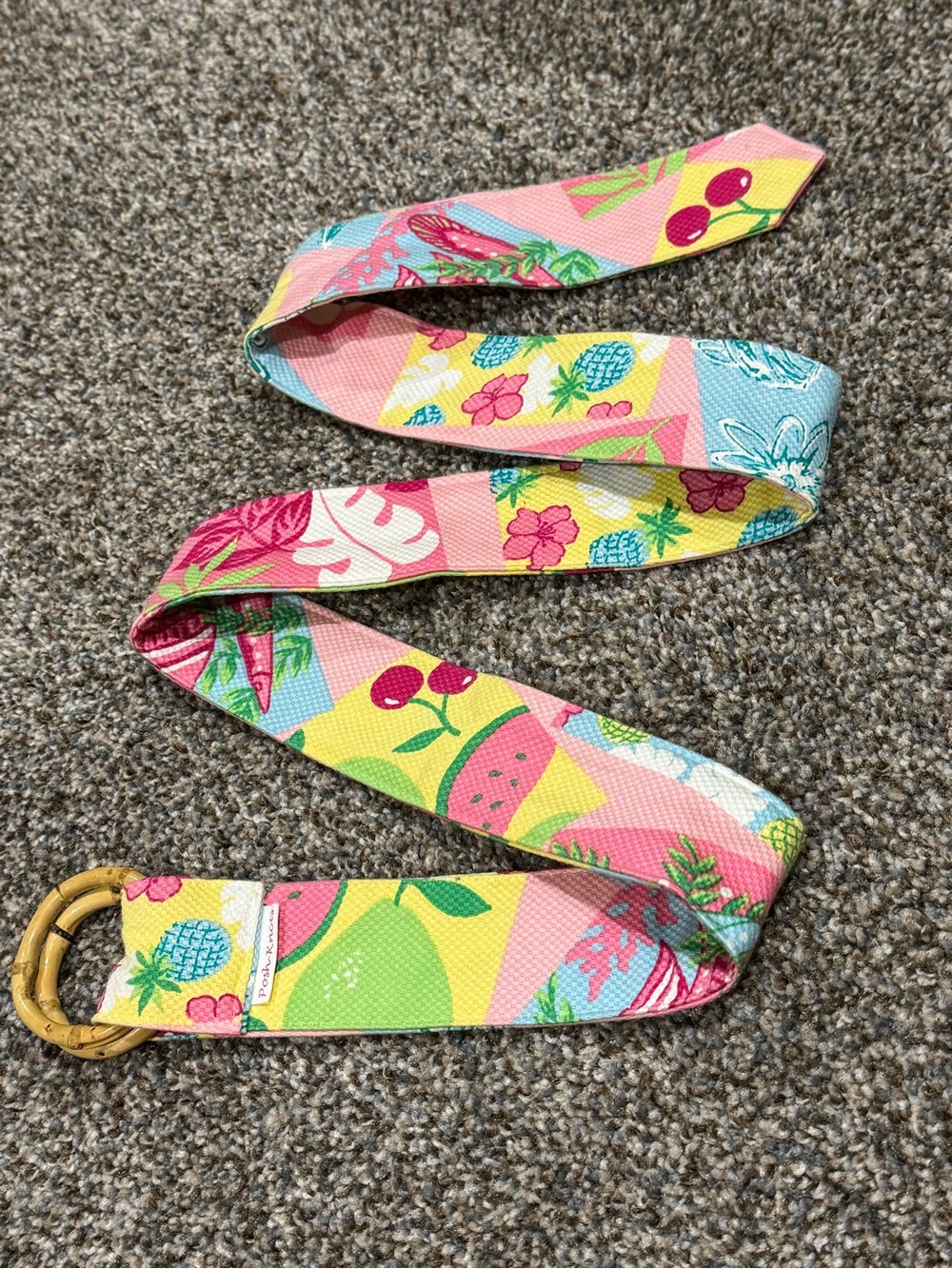 Tropical Print Adjustable Belt  women’s - Pink & Yellow - round wood buckle.